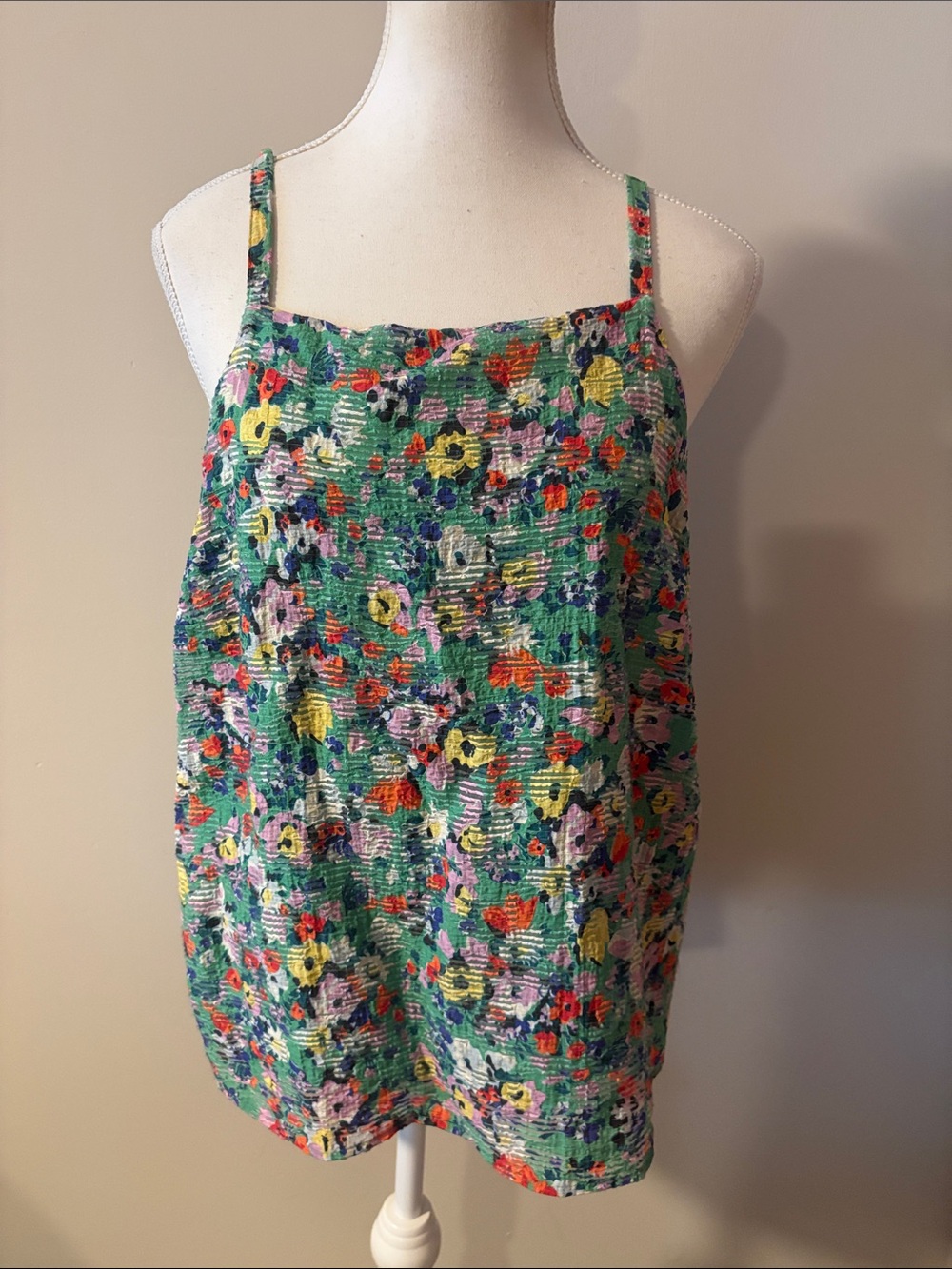 Anthropologie Maeve Green Floral Smocked Cami Tank With Back Cut Out. Size 12